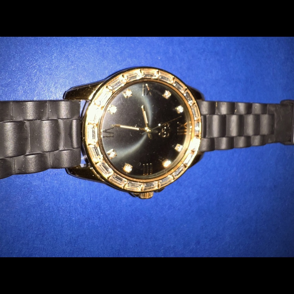 Curations by Stefani Greenfield Black gold crystal 42 mm face watch